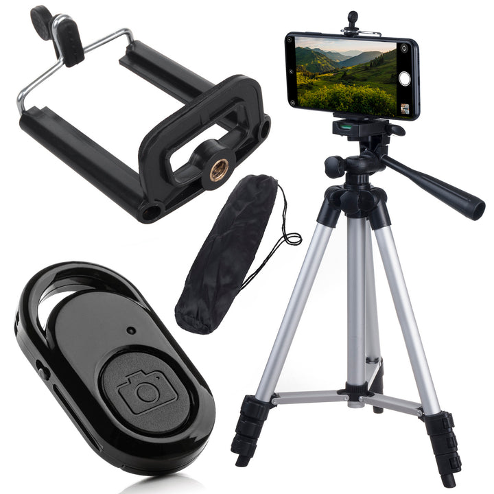 Maclean MC-165 Universal 1/4" Camera Phone Tripod Stand with Bluetooth Remote Shutter Carrying Case for Cameras Camcorders Smartphones Ring Lights Foldable Adjustable Height Max. 102cm