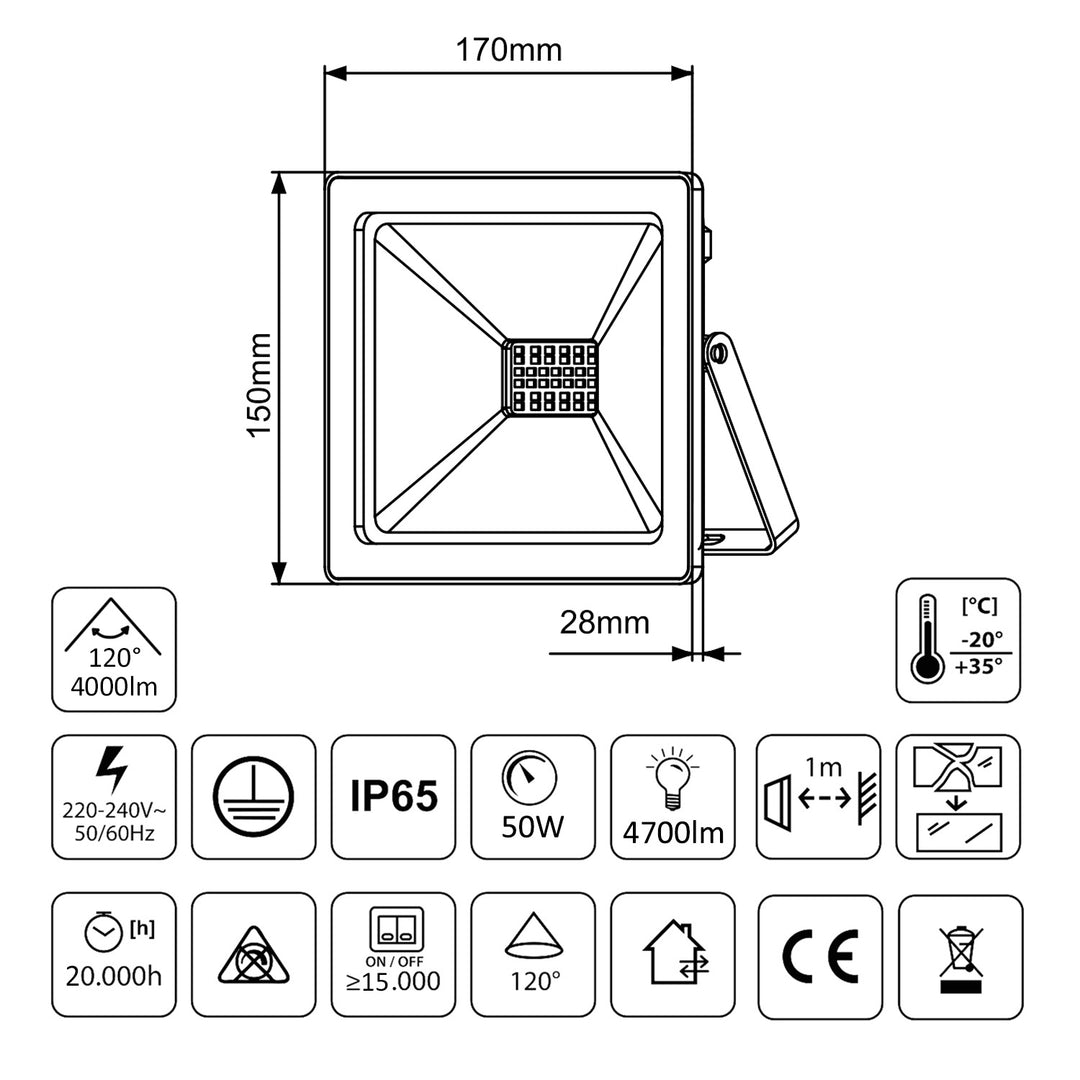 Halaigine stiúir Floodlight + Seastán Solas Te Bán IP65 Uiscedhíonach 50W Adjustable