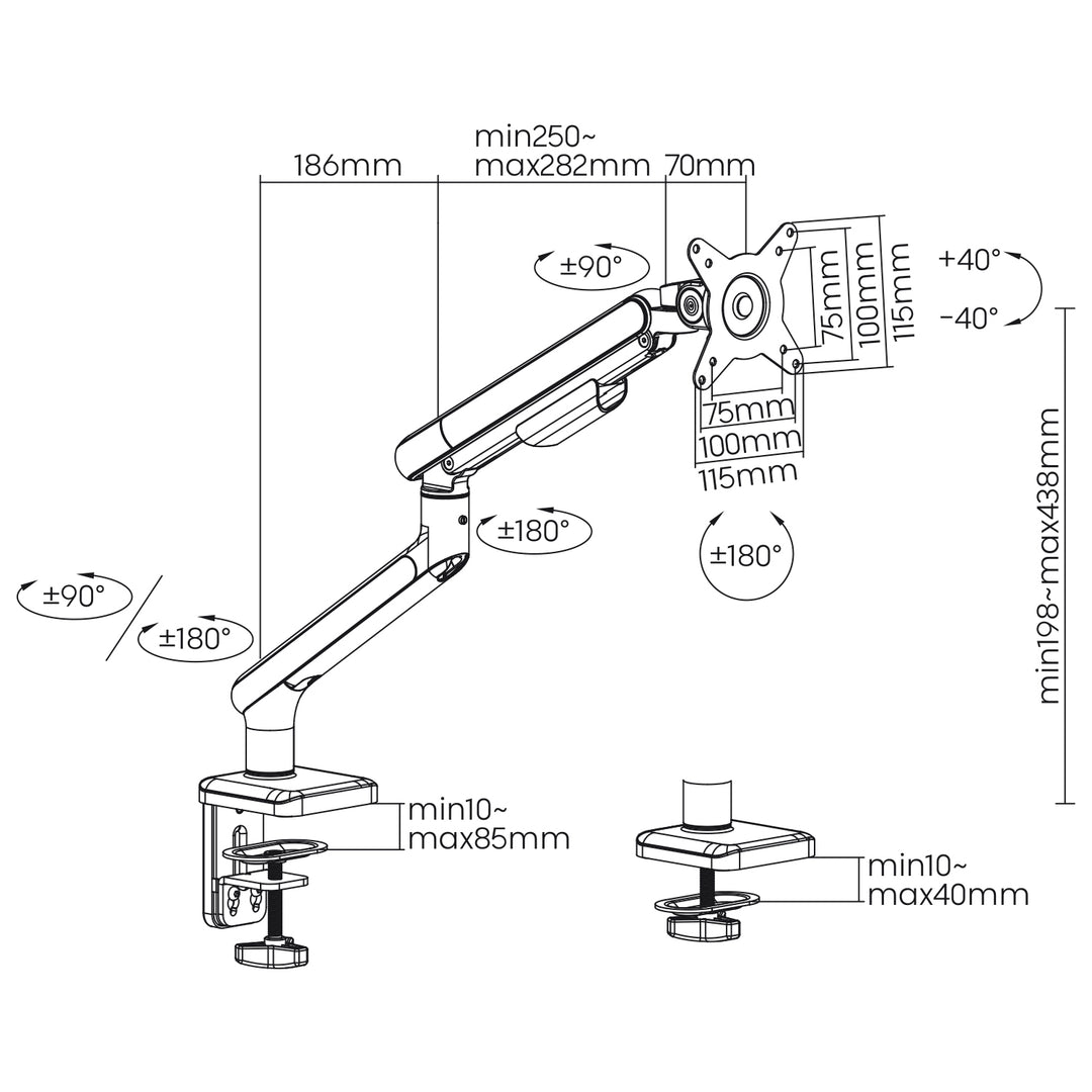 Ergo Office ER-751 Monitor Desk Mount Gas Spring 9kg Adjustable VESA 75x75 100x100 17" - 32" White Silver Clamp Mount Single Arm LED LCD QLED OLED