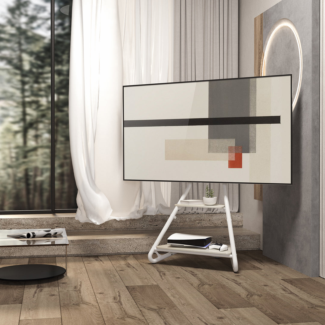 Maclean MC-455 Freestanding Corner TV Stand in Bauhaus Style, Free-standing TV Holder with Two Levels, Made of Wood, Load Capacity up to 10 kg, TV Mount up to 40 kg, 37-75'', Max. VESA 600x400, Max. Height 1460mm