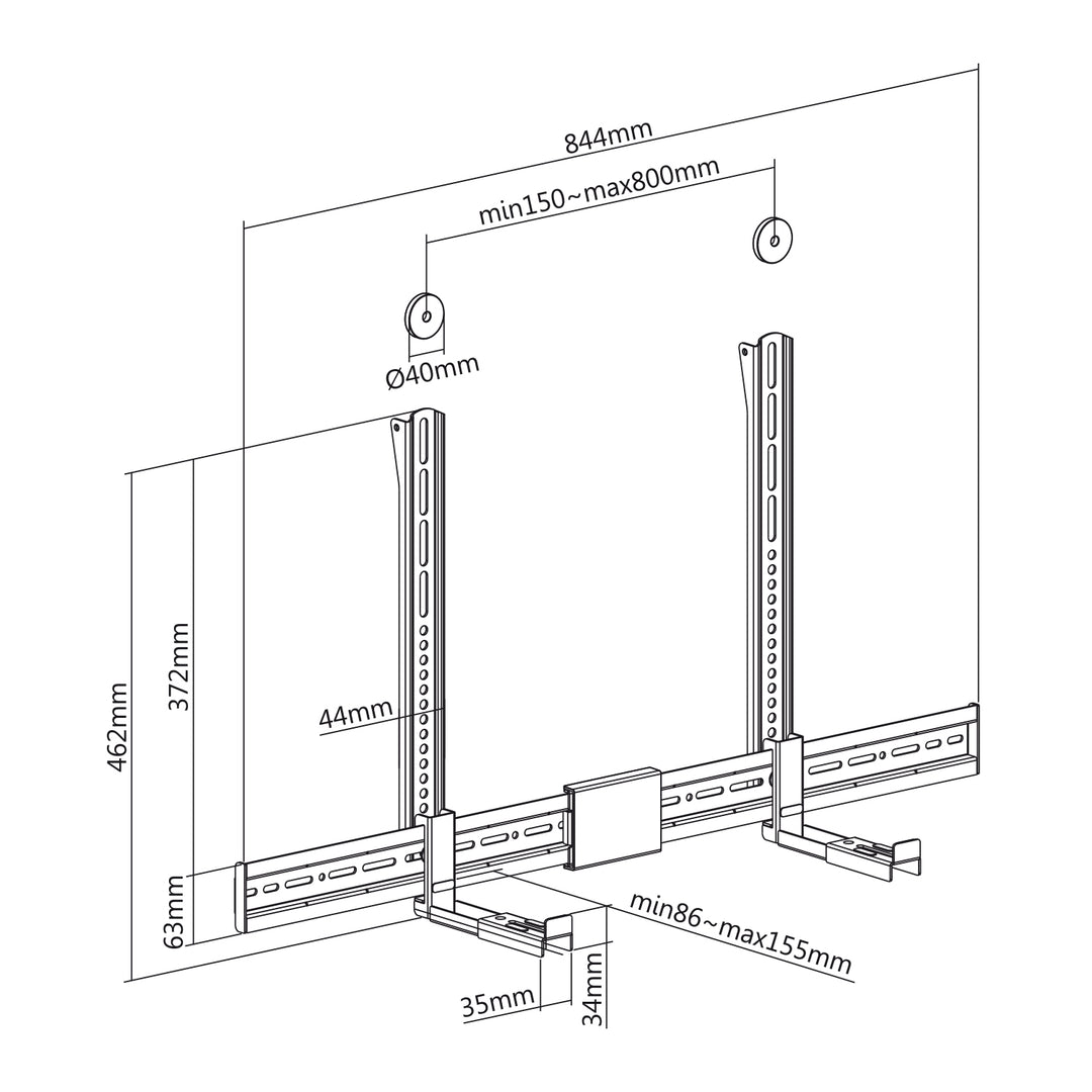 Maclean MC-465 Universal Soundbar Bracket up to 15 kg Speaker Mount for VESA Mounting Under or Over TV or Wall Mounting Adjustable Depth: 86-155 mm