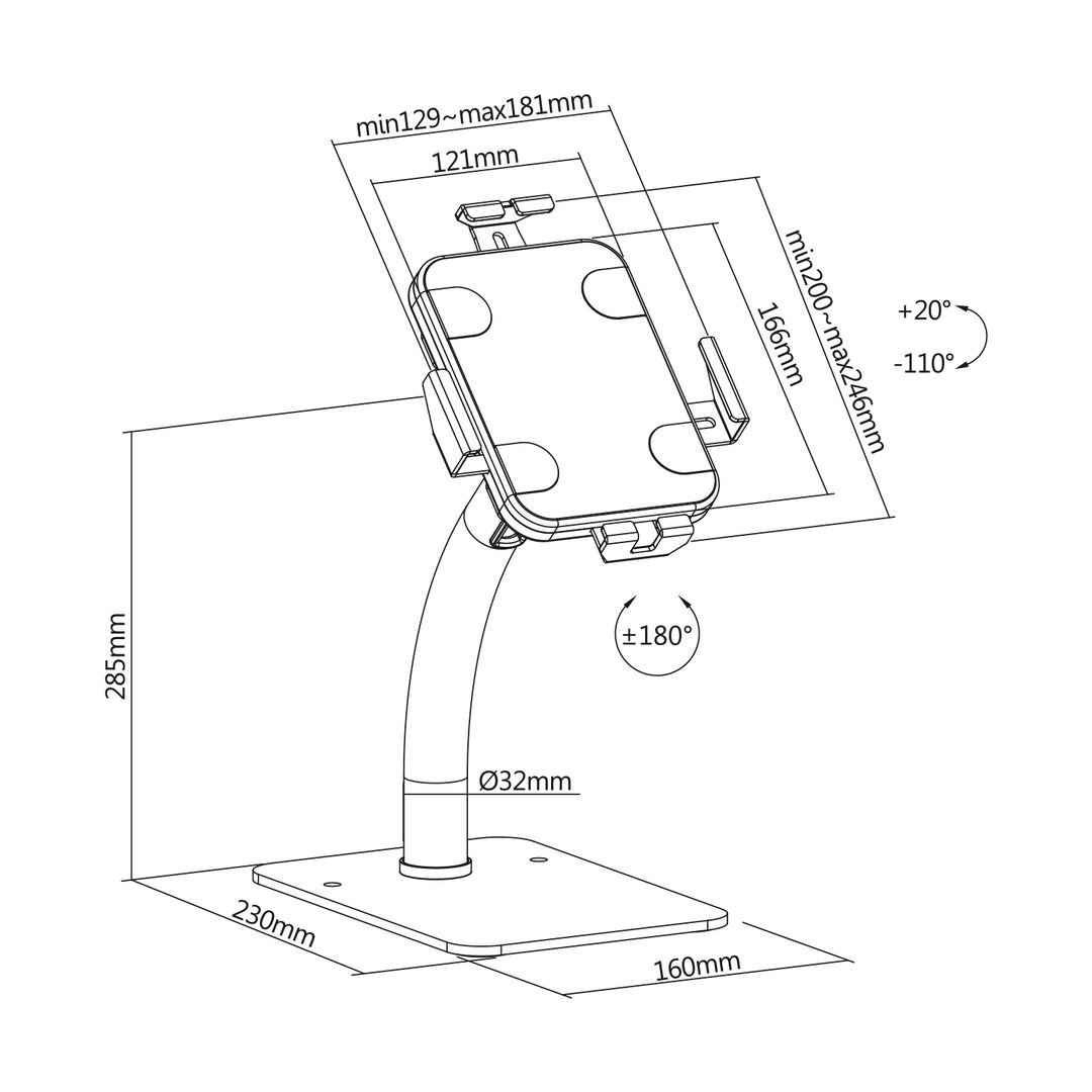 Maclean MC-468W Universal Tablet Stand Holder Lockable 7.9" - 11"  Table or Wall Mounting Public Display Kiosk Sturdy Anti-Theft