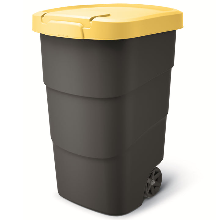 Wheeler 95L Wheelie Bin Trash Can With Wheels And Lid Large Universal Garbage Trash Outdoor Plastic Anthracite and Yellow