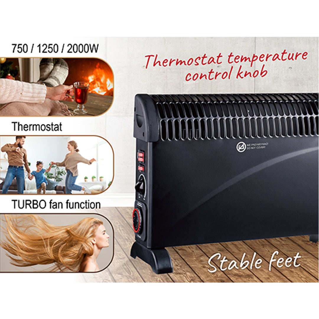 Electric Convector Heater Black Thermostat 3 Power Levels Timer 2000W