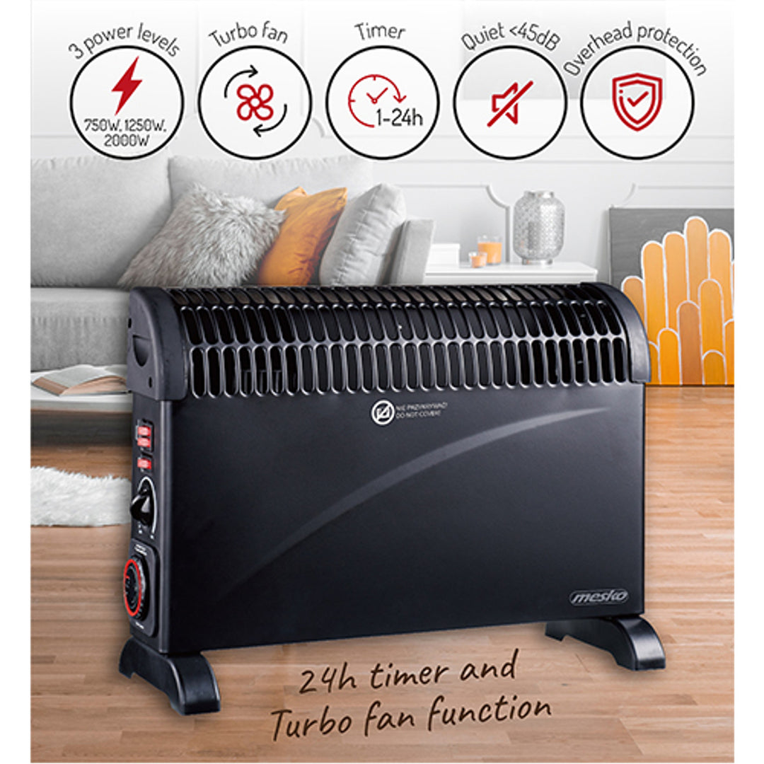 Electric Convector Heater Black Thermostat 3 Power Levels Timer 2000W