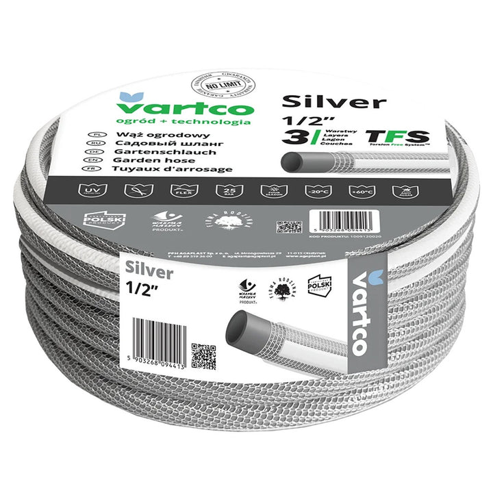 Vartco Silver 1/2" 3-Layer Garden Pipe Hose 50m Silver Kink Torsion Free Flexible Durable TFS Braided Polyester Thread Thick
