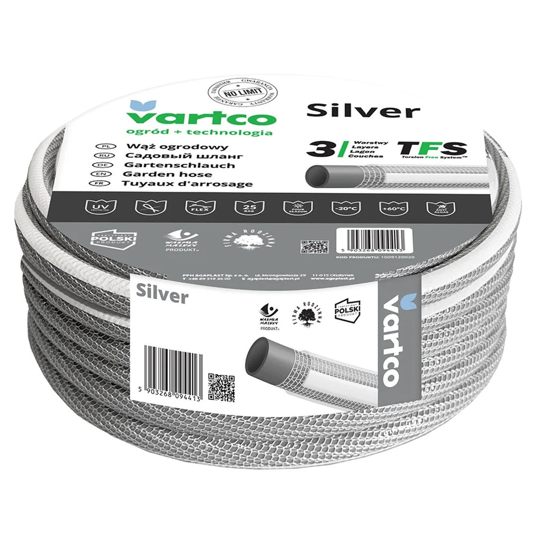 Vartco Silver 3/4" 3-Layer Garden Pipe Hose 20m Silver Kink Torsion Free Flexible Durable TFS Braided Polyester Thread Thick