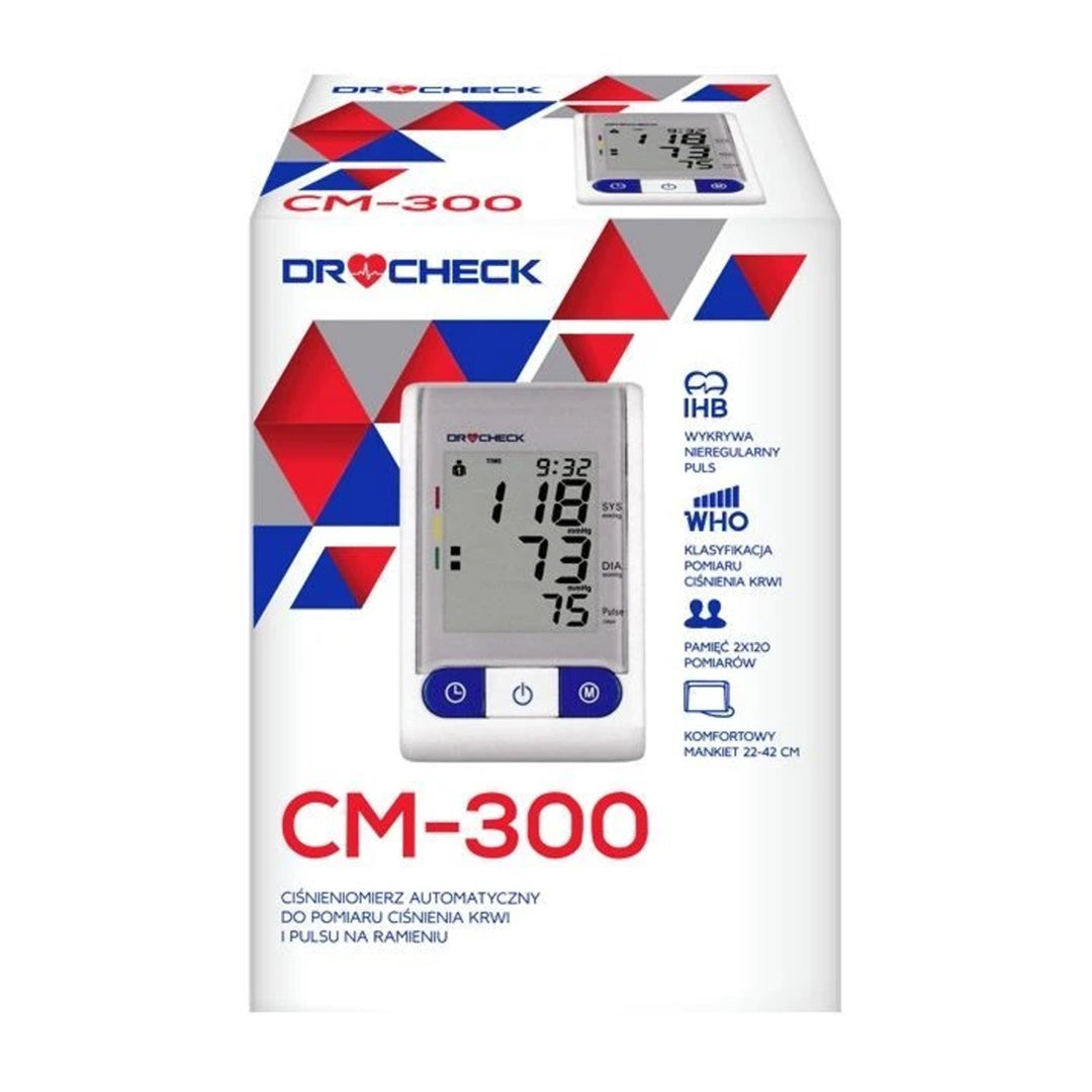 Dr Check CM-300 Automatic Upper Arm Blood Pressure Monitor with M/L 22-42cm Cuff Heart Rate Monitor Blood Pressure Monitor LCD Display Battery Operated