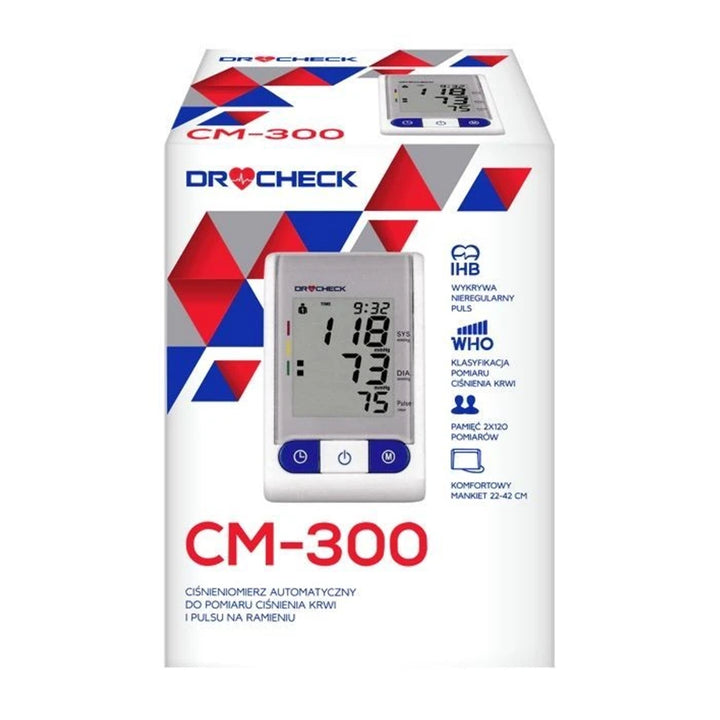 Dr Check CM-300 Automatic Upper Arm Blood Pressure Monitor with M/L 22-42cm Cuff Heart Rate Monitor Blood Pressure Monitor LCD Display Battery Operated