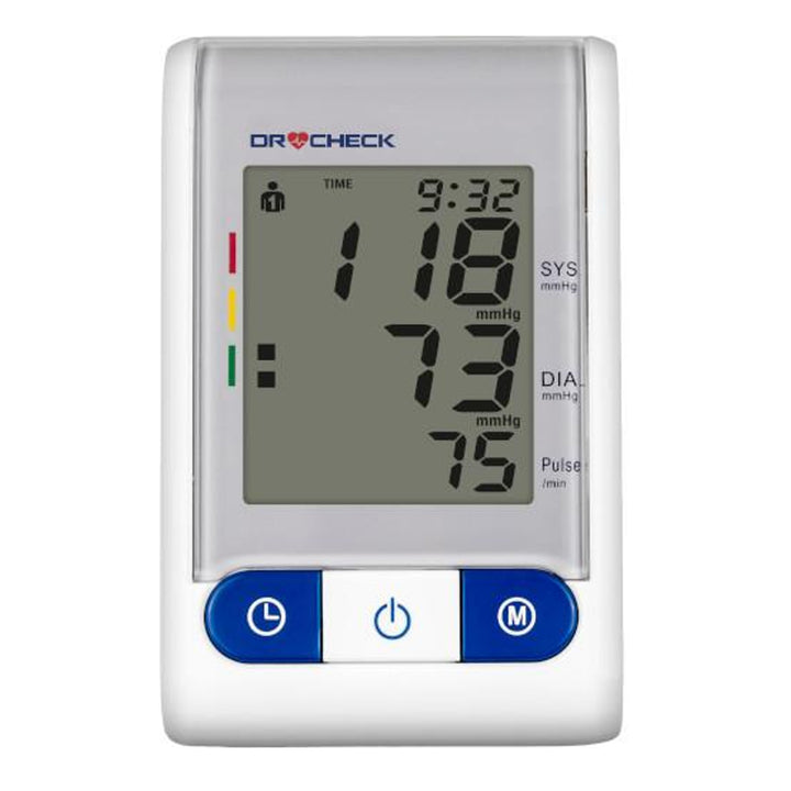 Dr Check CM-300 Automatic Upper Arm Blood Pressure Monitor with M/L 22-42cm Cuff Heart Rate Monitor Blood Pressure Monitor LCD Display Battery Operated