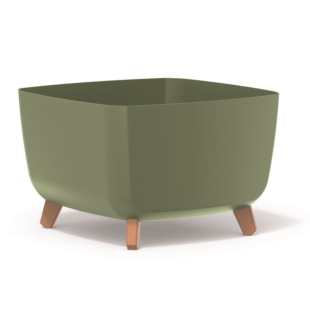 Prosperplast Gracia Low Square Flower Pot Planter with Removable Legs Liner Indoor Outdoor Plastic UV-Resistant 39x39 cm Olive Green