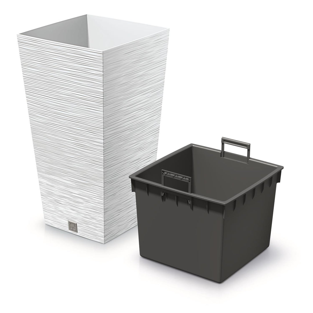 Prosperplast DFSH240-S449 Tall Planter Flower Pot with Insert 19L White Colour 24x24x45cm Indoor Outdoor Garden Home Patio Balcony Weatherproof