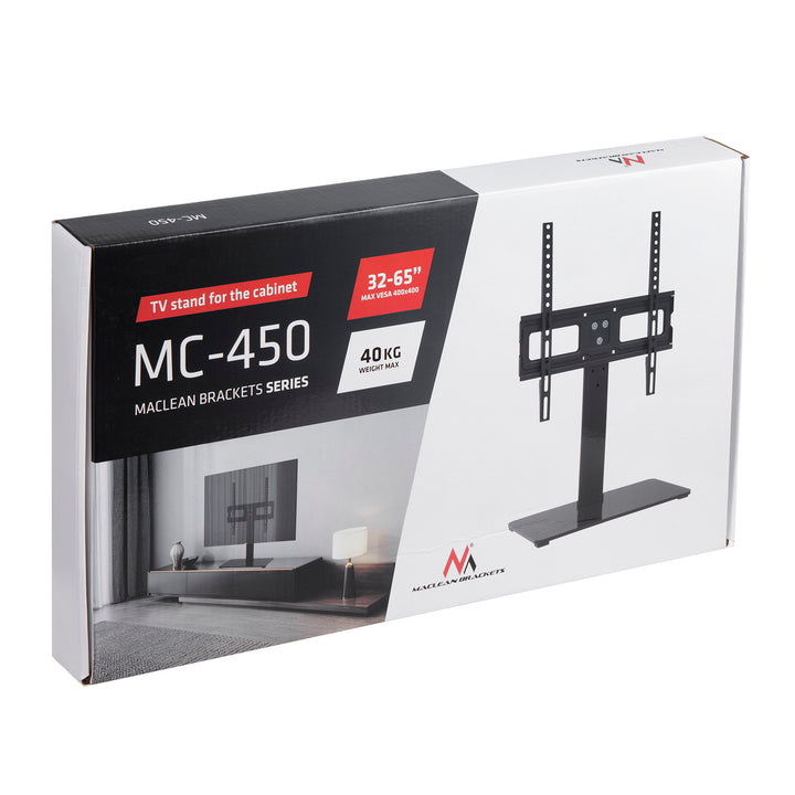 Maclean MC-450 Universal TV Stand for TV Cabinet max. 40kg, max. VESA 400x400 32-65" Tempered Glass Base 3-Level Height Adjustment