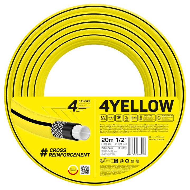 CELLFAST 4YELLOW Píobán Gairdín Uisce 1/2" 20m 4 Chiseal Solúbtha 20 Barra Frithsheasmhach in UV