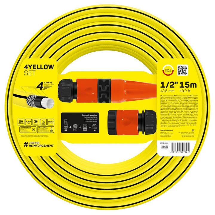 Cellfast 4Yellow 4-ply Garden Hose Set with Accessories Yarn - Cross Braid UV and Algae Resistant Max 20 Bar Sprinkler 1/2" 15 m