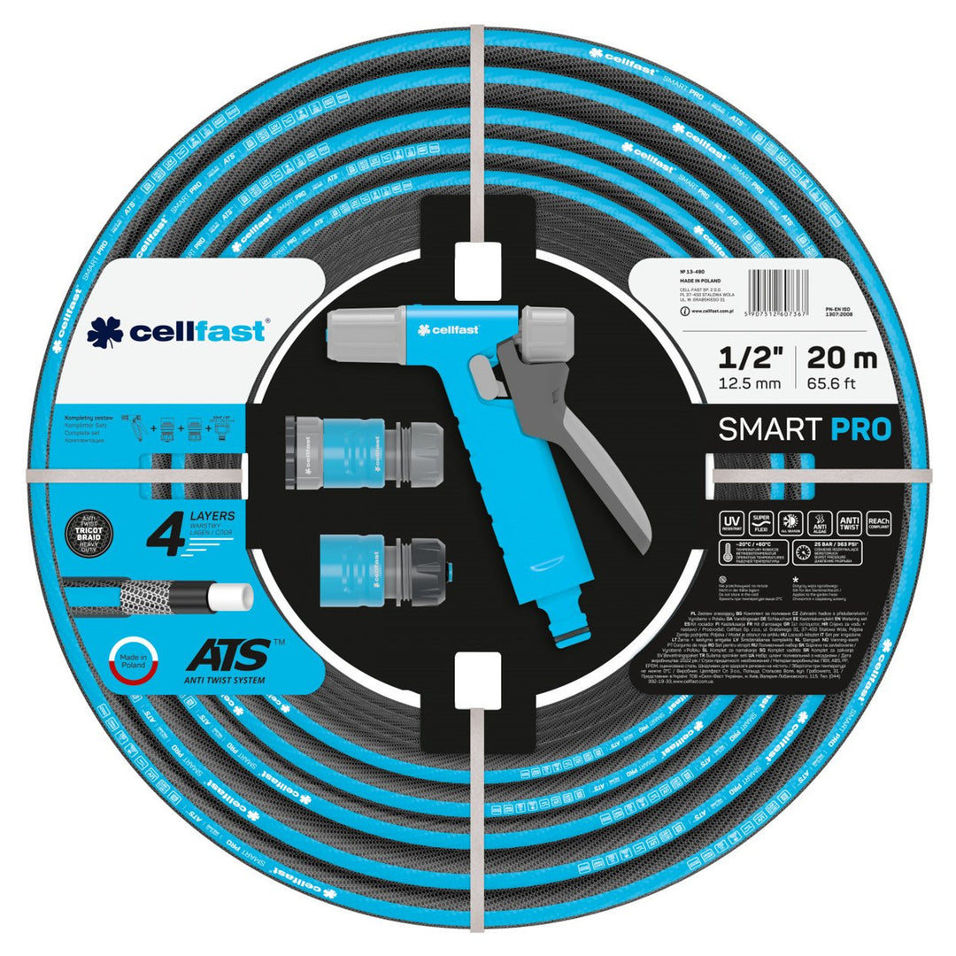Cellfast SMART PRO ATS 4-ply Garden Hose Set with Accessories ATS Tricot Fabric Flexible Kink Resistant UV and Algae Resistant 1/2" 20 m