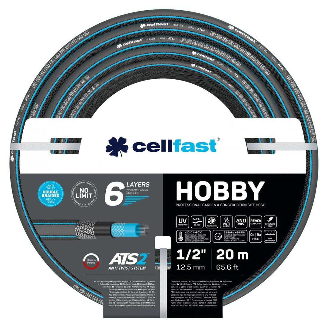Cellfast HOBBY ATS2™ 6-ply Garden Hose Double Braid with Cross and Tricot Fabric UV Ray and Algae Deposit Resistant 1/2" 20 m