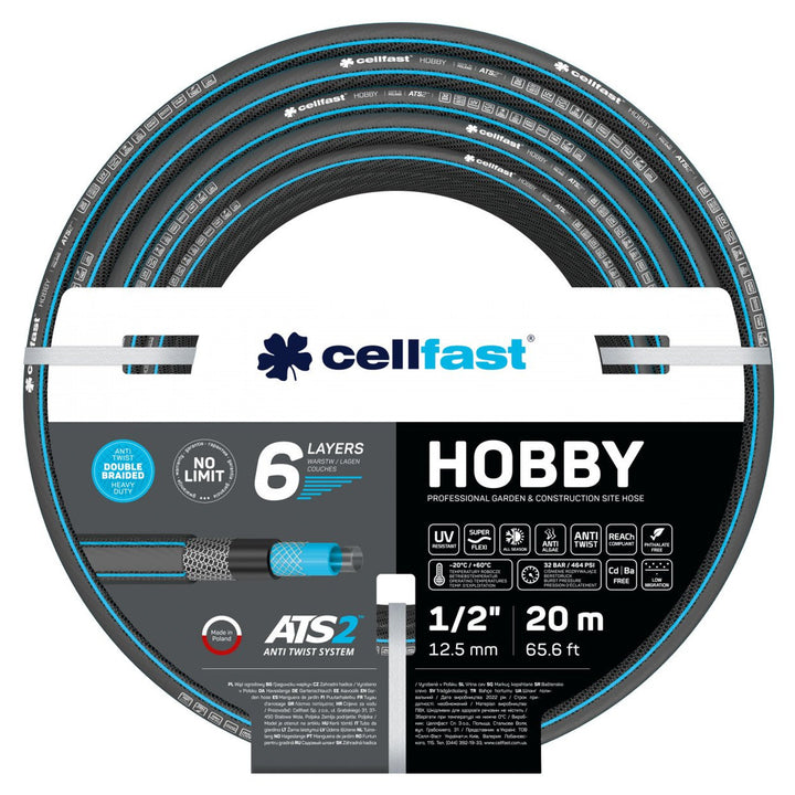 Cellfast HOBBY ATS2™ 6-ply Garden Hose Double Braid with Cross and Tricot Fabric UV Ray and Algae Deposit Resistant 1/2" 20 m