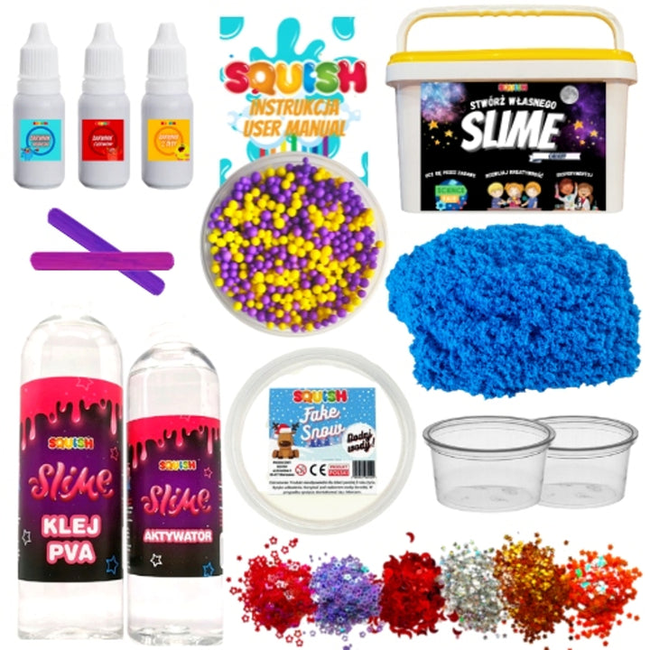 SQUISH SQ44 Slime Galaxy Making Kit 18-Piece Set Accessories PVA Glue Activator Sequins Fake Snow Kinetic Sand Cloud Crunchy Clear Glitter Galaxy