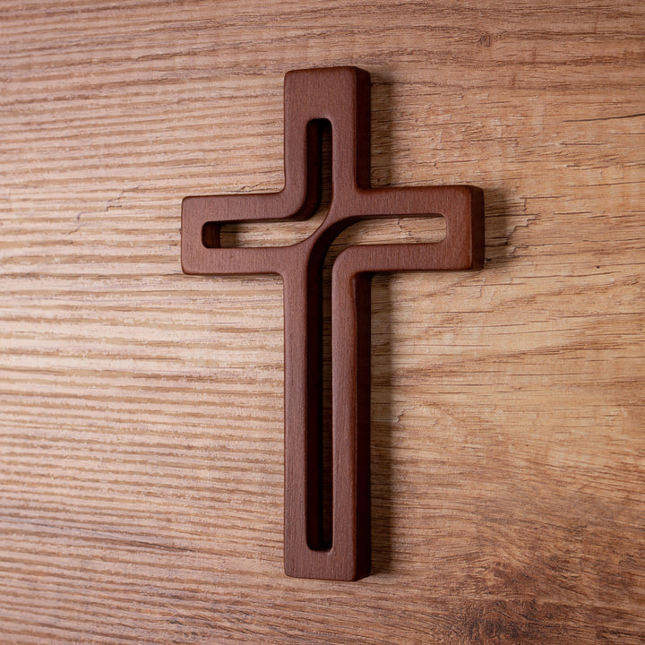 Modern Wall Hanging Cross Beech Wood Brown 25 x 16 x 1.6 cm Decoration Gift Christening Wedding Comunion