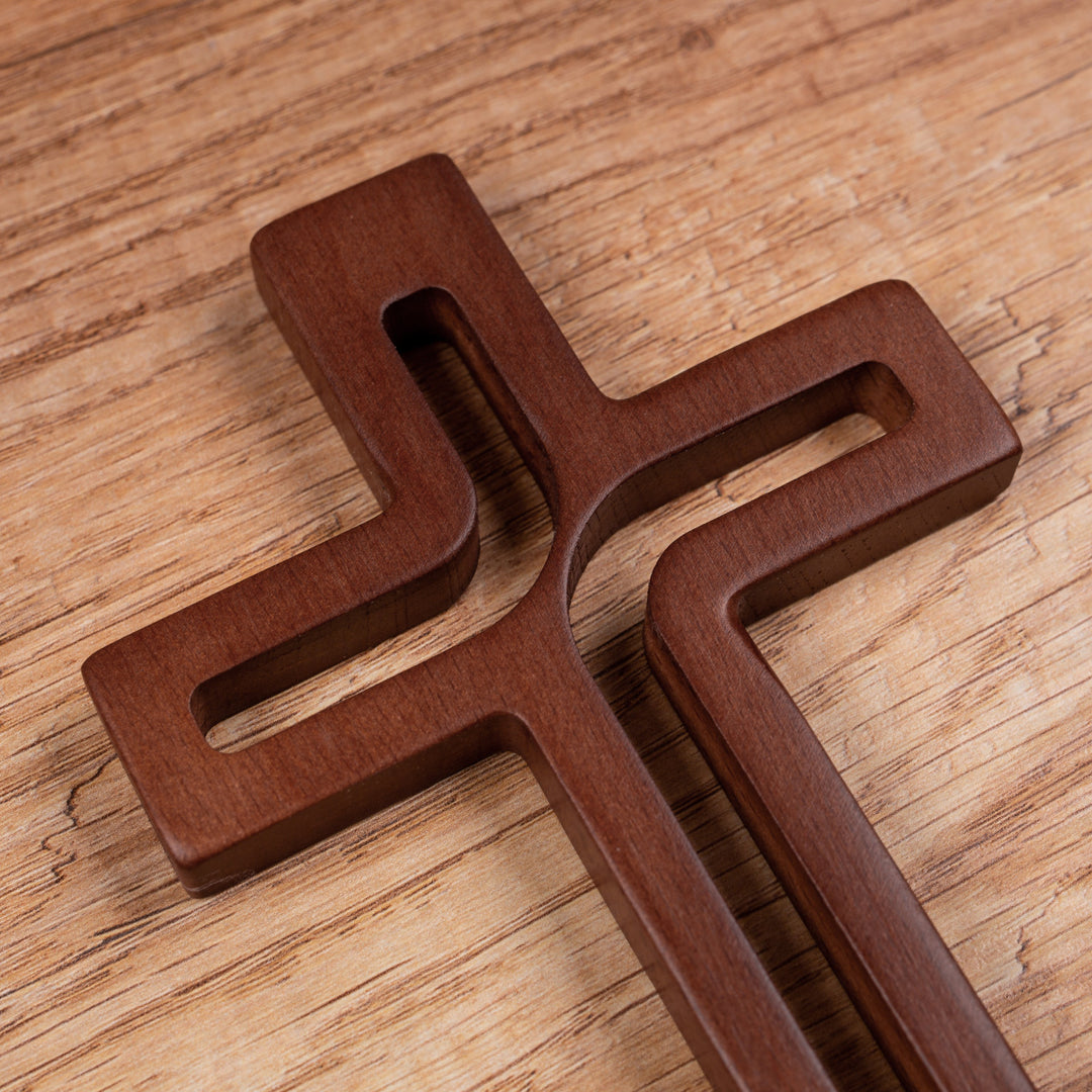 Modern Wall Hanging Cross Beech Wood Brown 25 x 16 x 1.6 cm Decoration Gift Christening Wedding Comunion