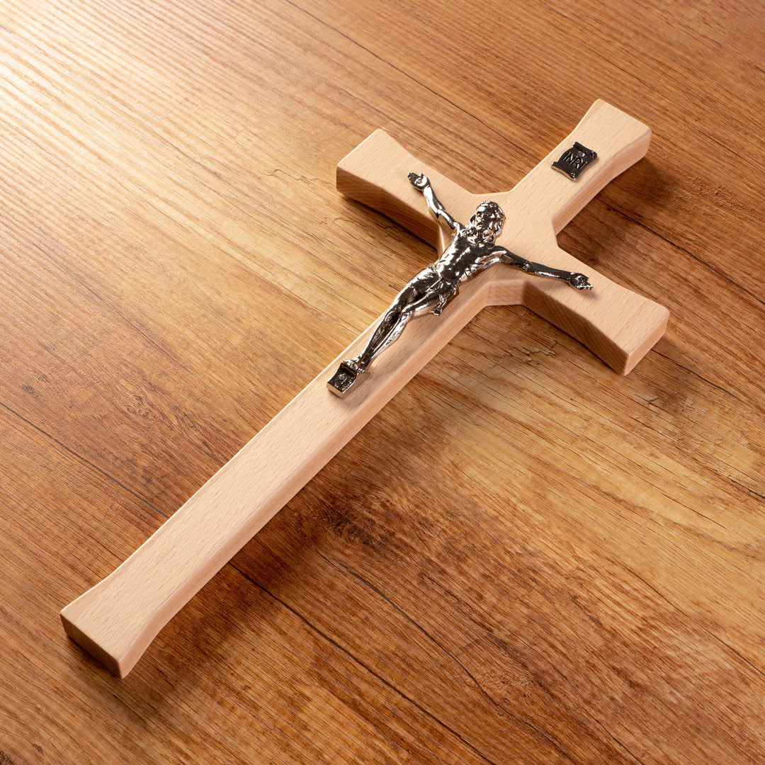 Wall Hanging Cross Christian Beech Wood Jesus Crucifix Passion Prayer 30x14x1.8cm