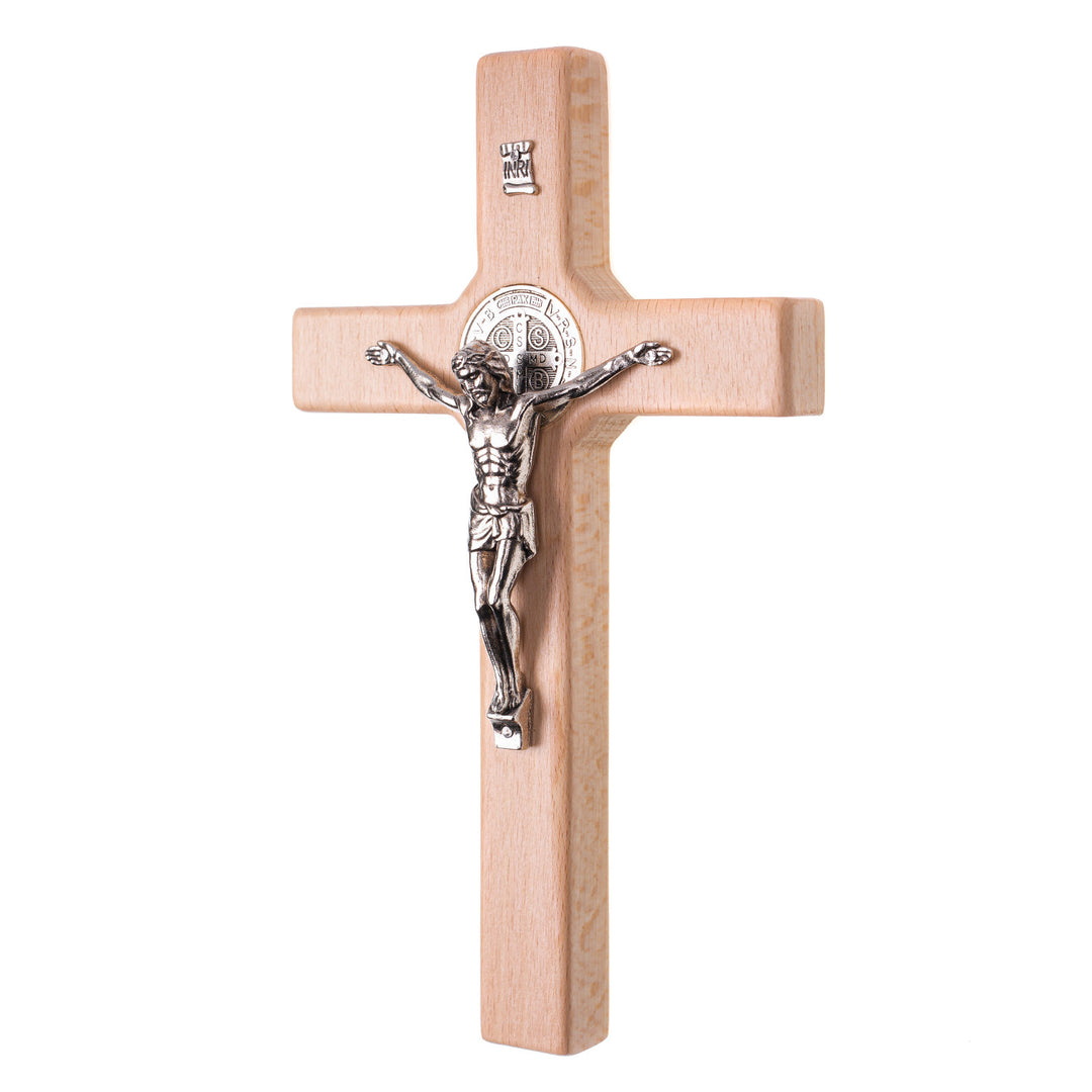 St Benedict's Hanging Cross Natural Beech Wood 18x10cm Decorative with Jesus Gift Idea Wedding Christening Comunion