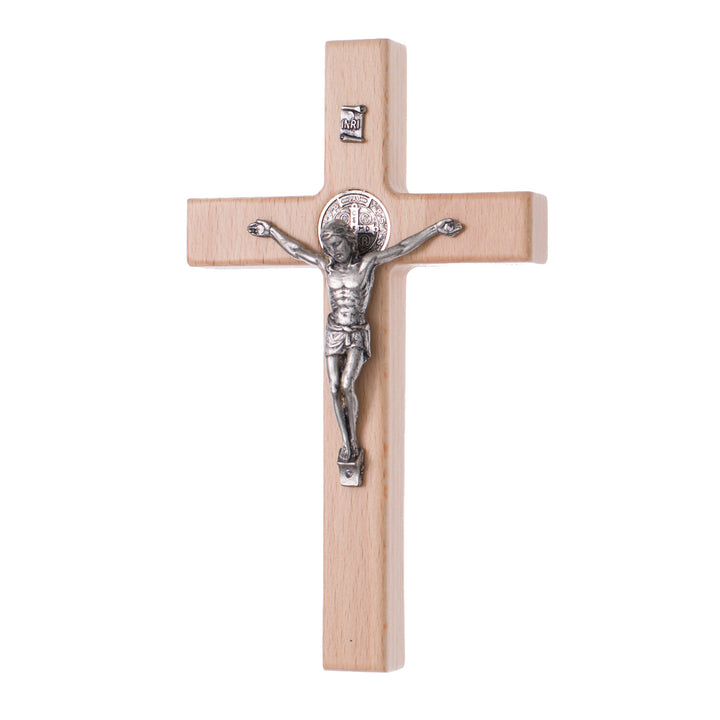 St Benedict's Hanging Cross Natural Beech Wood 18x10cm Decorative with Jesus Gift Idea Wedding Christening Comunion