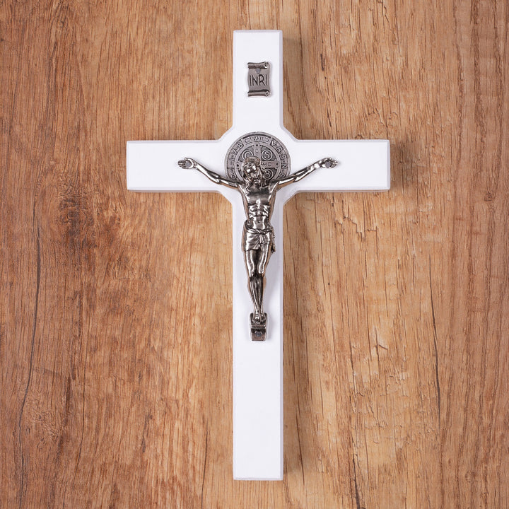 Wooden St. Benedict's cross hanging with a pasque white 18x10x1,8cm.