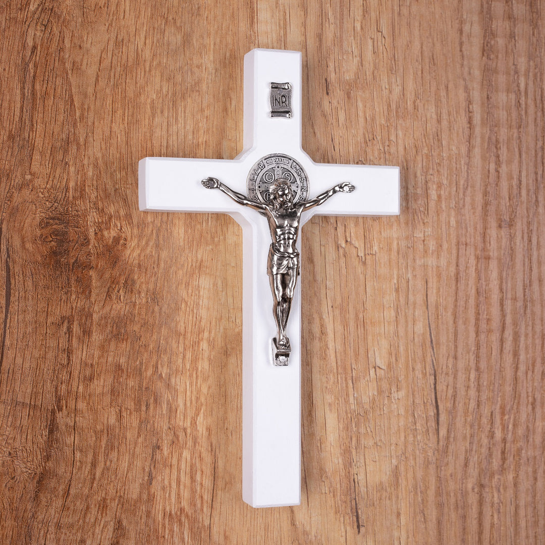 Wooden St. Benedict's cross hanging with a pasque white 18x10x1,8cm.