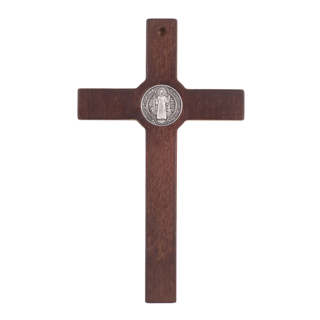 Wooden cross of St. Benedict hanging with a pasque bronze 22x12x1,8cm.