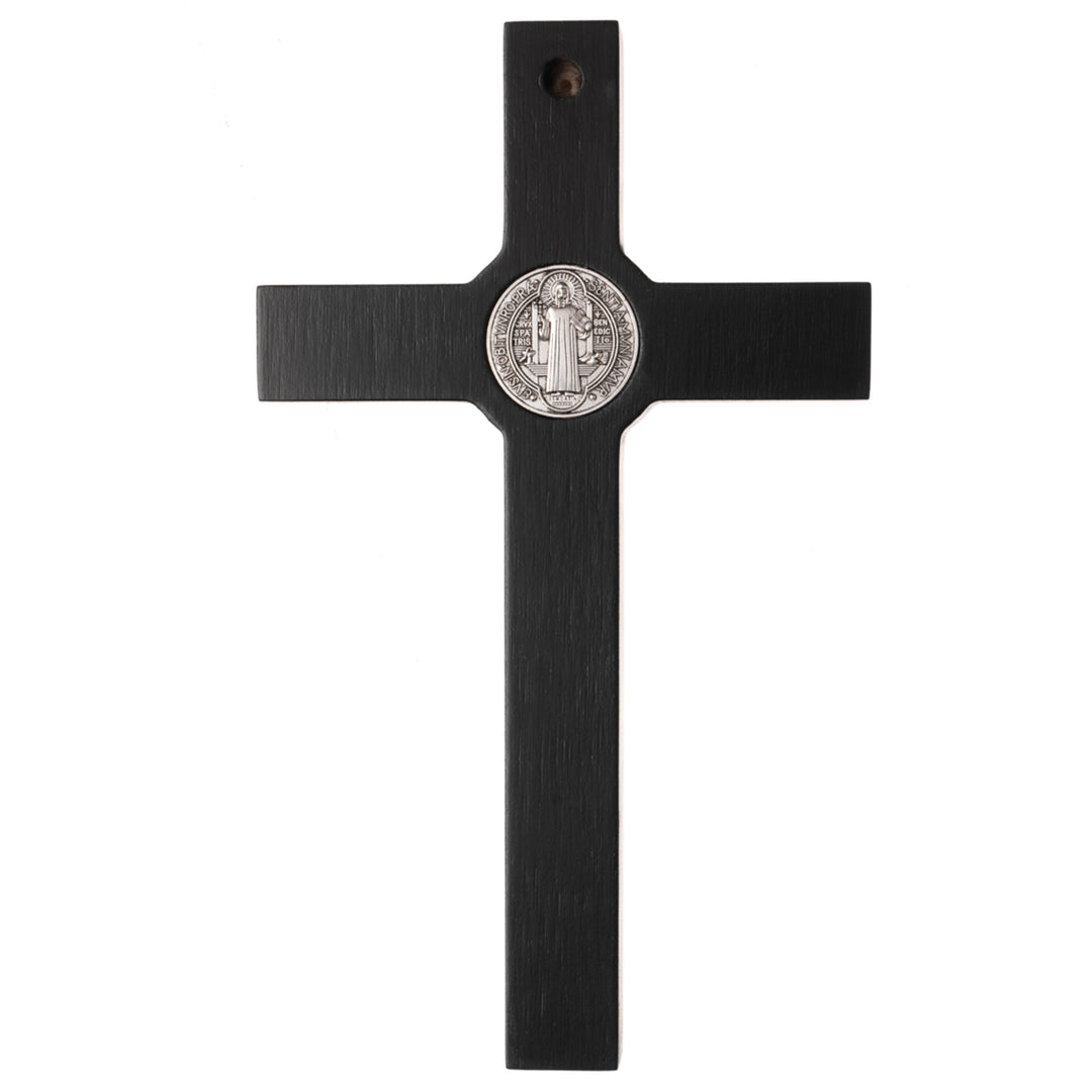 Wooden cross of St. Benedict hanging with passion flower black 22x12x1,8cm.