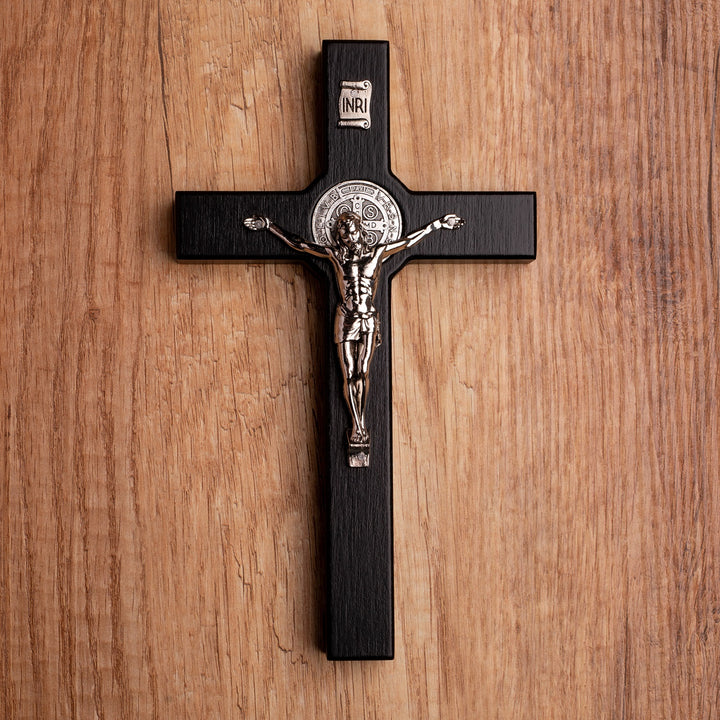 Wooden cross of St. Benedict hanging with passion flower black 22x12x1,8cm.