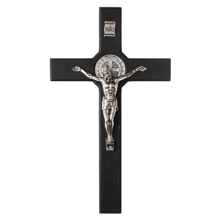 Wooden cross of St. Benedict hanging with passion flower black 22x12x1,8cm.