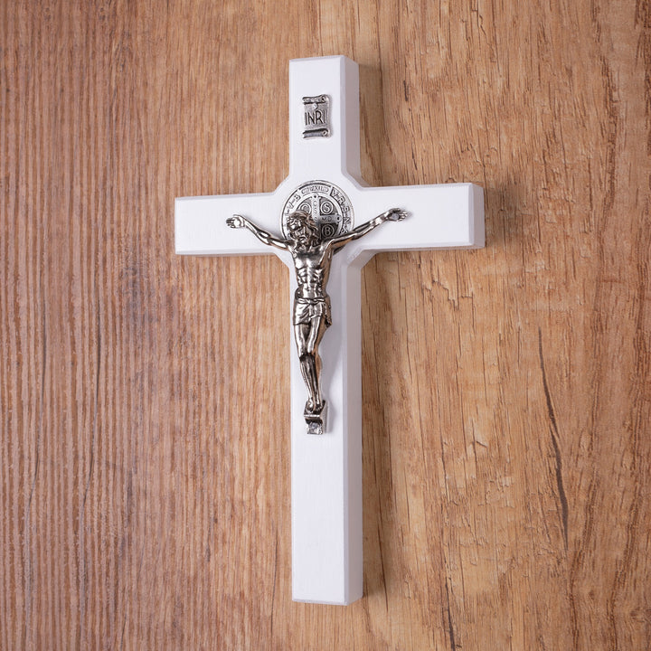 Wooden St. Benedict's cross hanging with a pasque white 22x12x1,8cm.