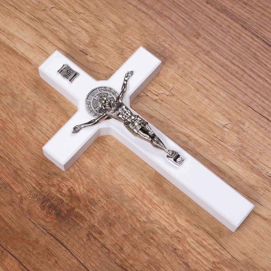 Wooden St. Benedict's cross hanging with a pasque white 22x12x1,8cm.