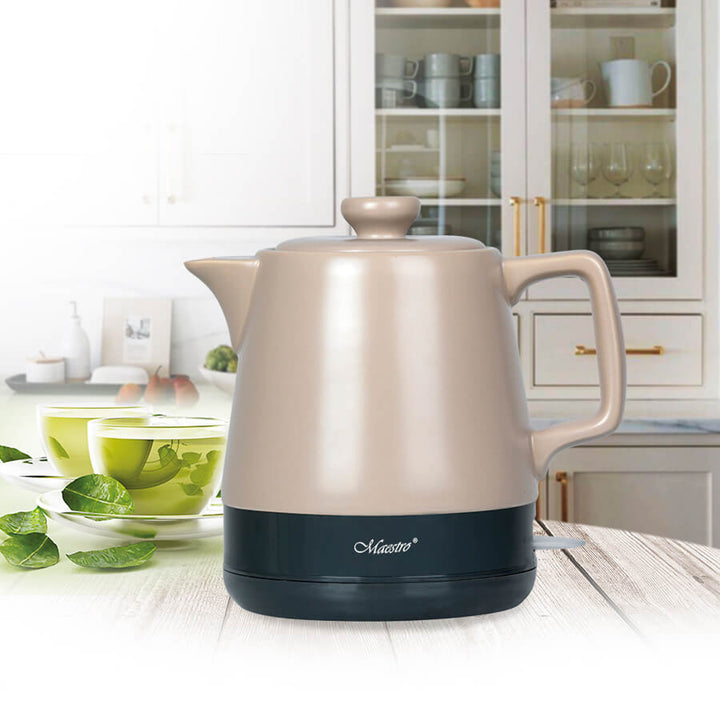 Maestro MR-071 Electric Ceramic Kettle 1L Beige Brown 1000W Tea Pot with Lid Elegant Decorative