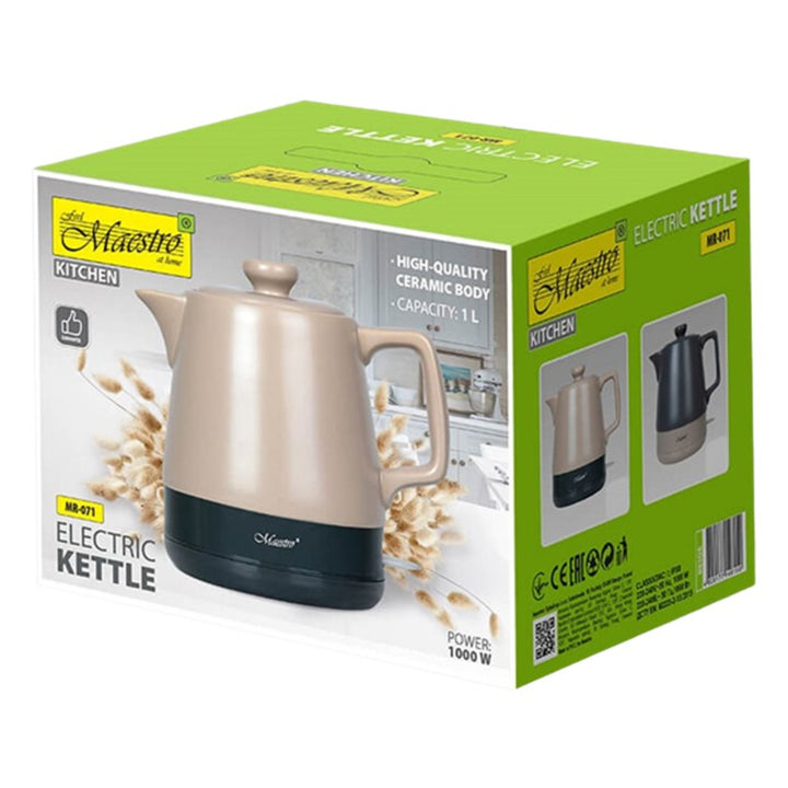 Maestro MR-071 Electric Ceramic Kettle 1L Beige Brown 1000W Tea Pot with Lid Elegant Decorative