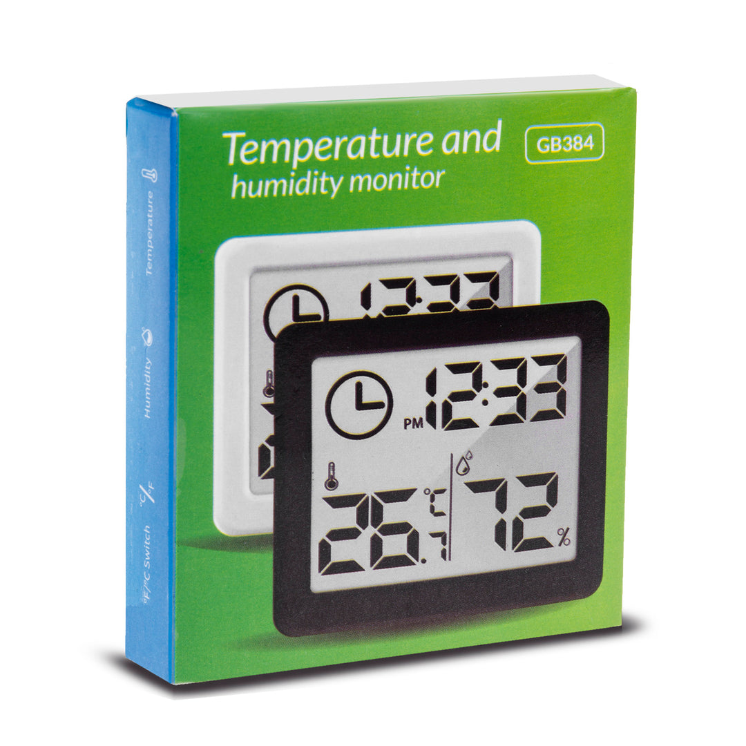 Thermometer Hygrometer with Clock Function, GreenBlue, black,GB384B