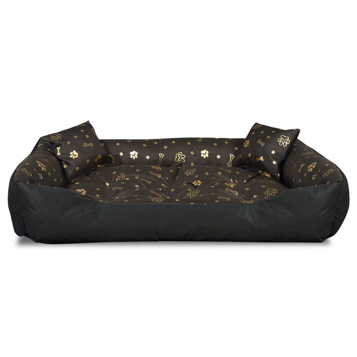 KingDog Dog and Cat Bed with Two Cushions Dog Basket Pet Bed Waterproof Cordura Fabric (Golden Bones, Inner Size: 80x60cm / Outer Size: 100x75cm)