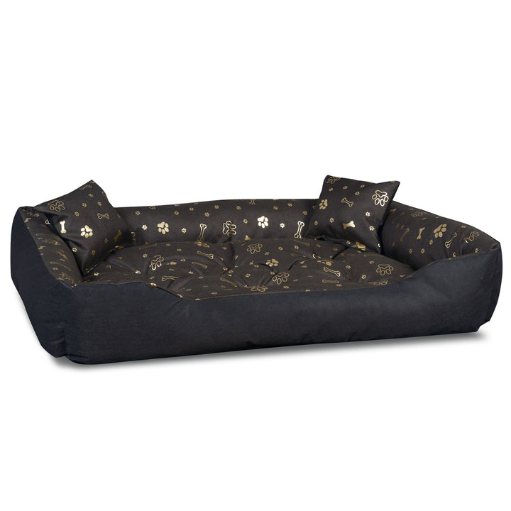 KingDog Dog and Cat Bed with Two Cushions Dog Basket Pet Bed Waterproof Cordura Fabric (Golden Bones, Inner Size: 80x60cm / Outer Size: 100x75cm)