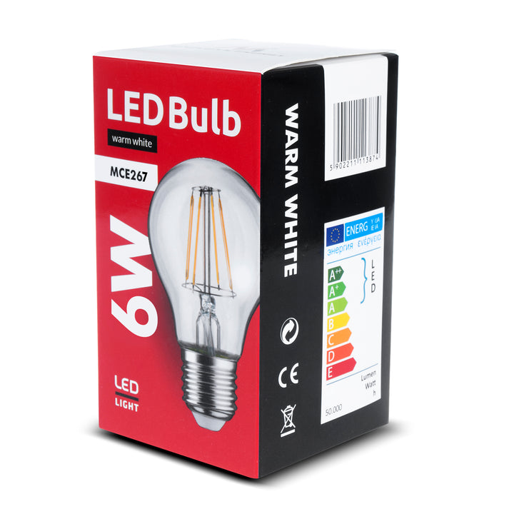 Maclean MCE267 6x LED Bulb, E27 Filament, 6W, 230V, WW Warm White 3000K, 600lm, Retro Edison Decorative A60