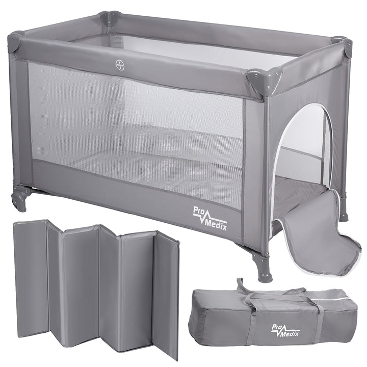 Promedix PR-803G Travel Baby Cot with Wheels - Grey Bed Crib 125x65x74cm Casters Protective Cover