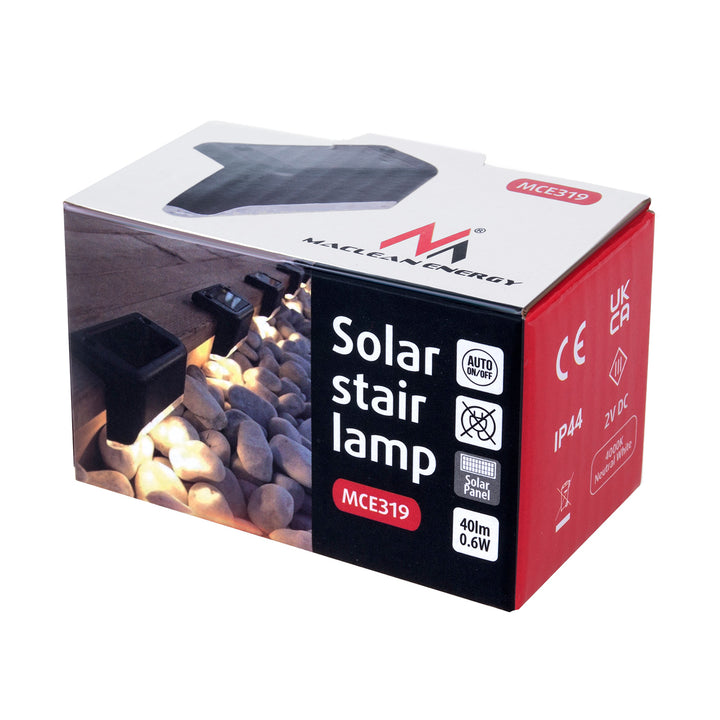 Solas staighre LED gréine 4x Maclean IP44, 4000K, Ni-MH 100 mAh, 80x45x45mm, braiteoir dusk MCE319