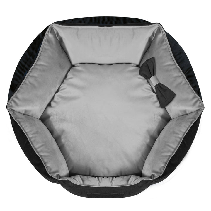 KingDog Prestige Velvet Dog Bed with Removable Cover and Non-Slip Bottom Dog Basket Pet Bed Animal Bed Hexagonal Decorative Velour (Diameter: 50 cm, Black/Grey)