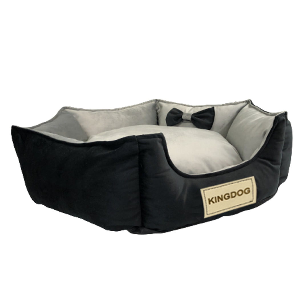 KingDog Prestige Velvet Dog Bed with Removable Cover and Non-Slip Bottom Dog Basket Pet Bed Animal Bed Hexagonal Decorative Velour (Diameter: 50 cm, Black/Grey)