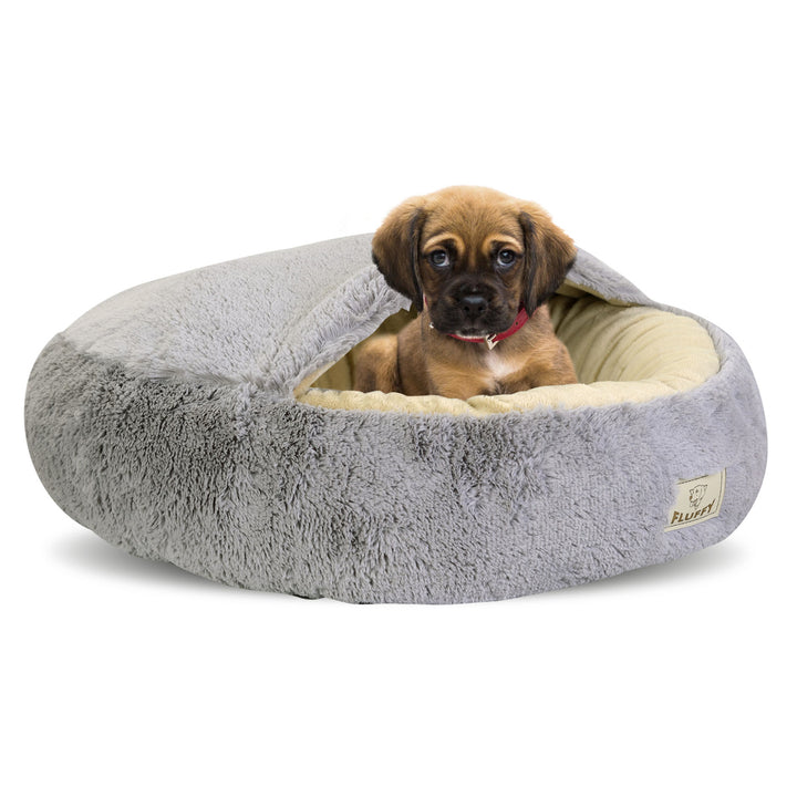 Shaggy Fluffy Pet Bed with Hood Bed for Cats/Dogs Cuddle Bed Dog Bed Cat Bed Minky Hair Shaggy 18 mm Silicone Filling Light Gray (Diameter: 50 cm)