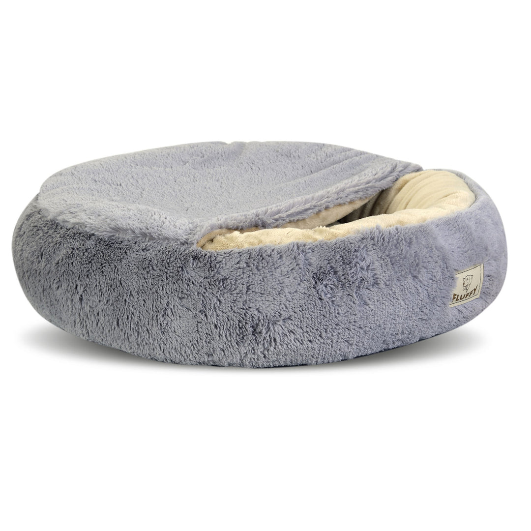 Shaggy Fluffy Pet Bed with Hood Bed for Cats/Dogs Cuddle Bed Dog Bed Cat Bed Minky Hair Shaggy 18 mm Silicone Filling Light Gray (Diameter: 50 cm)