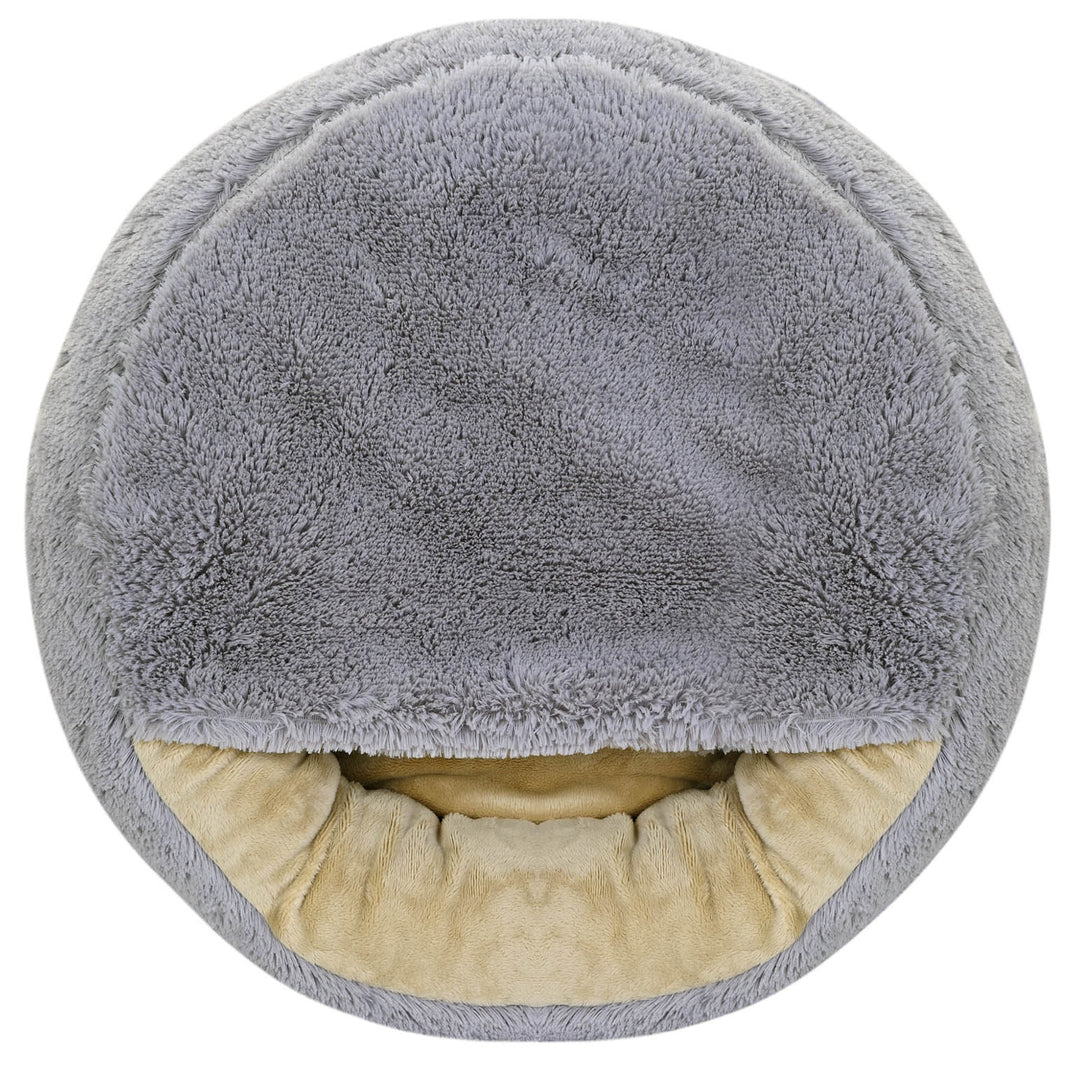 Shaggy Fluffy Pet Bed with Hood Bed for Cats/Dogs Cuddle Bed Dog Bed Cat Bed Minky Hair Shaggy 18 mm Silicone Filling Light Gray (Diameter: 70 cm)