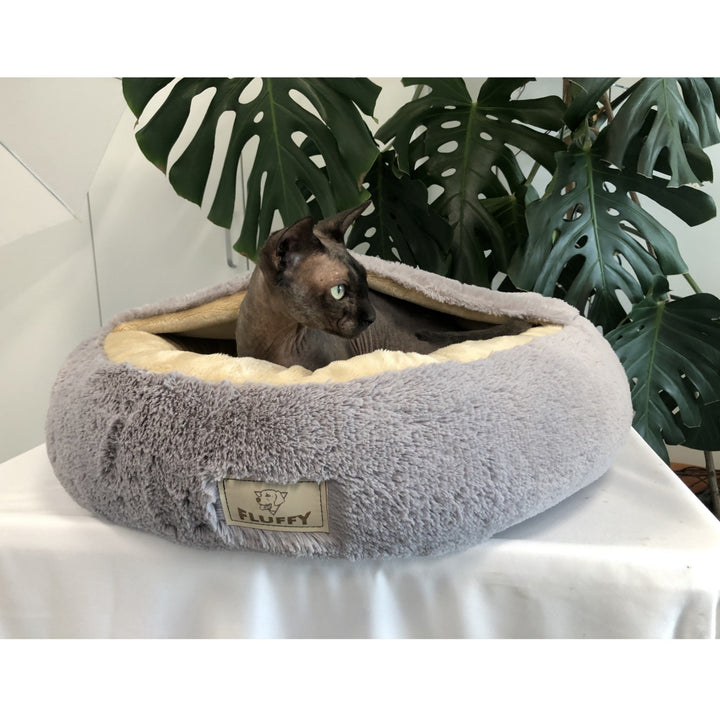 Shaggy Fluffy Pet Bed with Hood Bed for Cats/Dogs Cuddle Bed Dog Bed Cat Bed Minky Hair Shaggy 18 mm Silicone Filling Light Gray (Diameter: 70 cm)